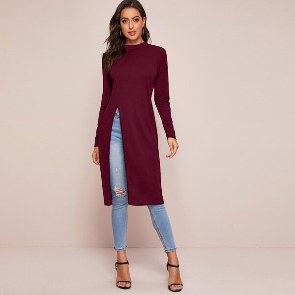 

Solid Side Split Longline Tee, Burgundy
