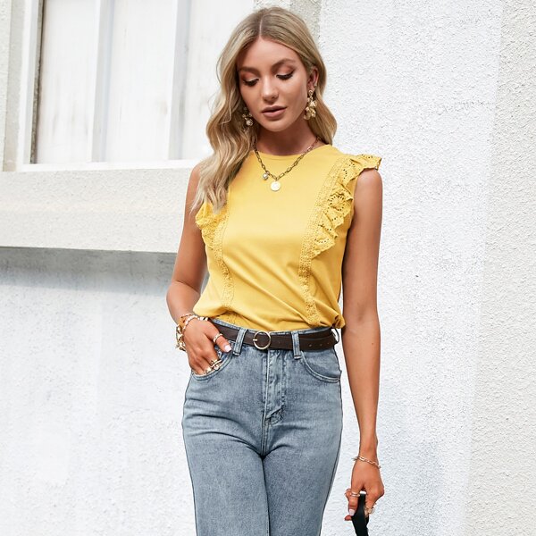 

Eyelet Embroidered Ruffle Tank Top, Yellow