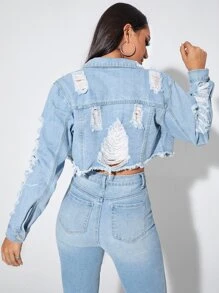 SHEIN EZwear Distressed Button-Front Cropped Denim Jacket - Medium Wash - View 2