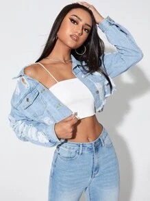 SHEIN EZwear Distressed Button-Front Cropped Denim Jacket - Medium Wash - View 3