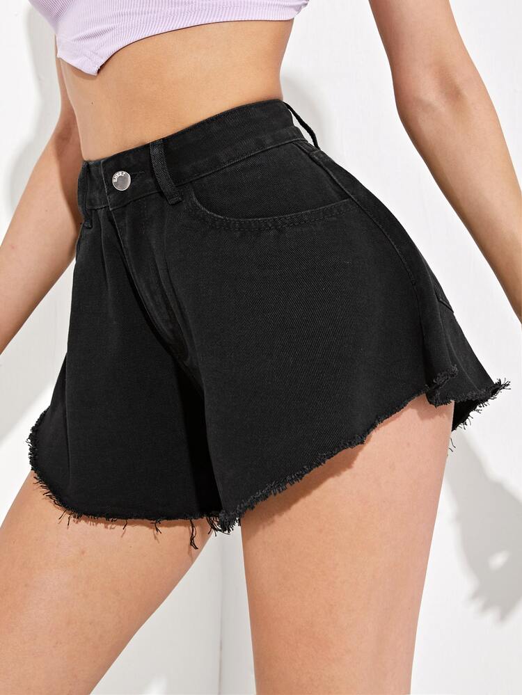 Bleach Wash Raw Hem Wide Leg Denim Shorts - Black - View 3