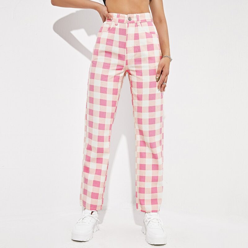 

Gingham Print High Waist Cigarette Jeans, Multicolor