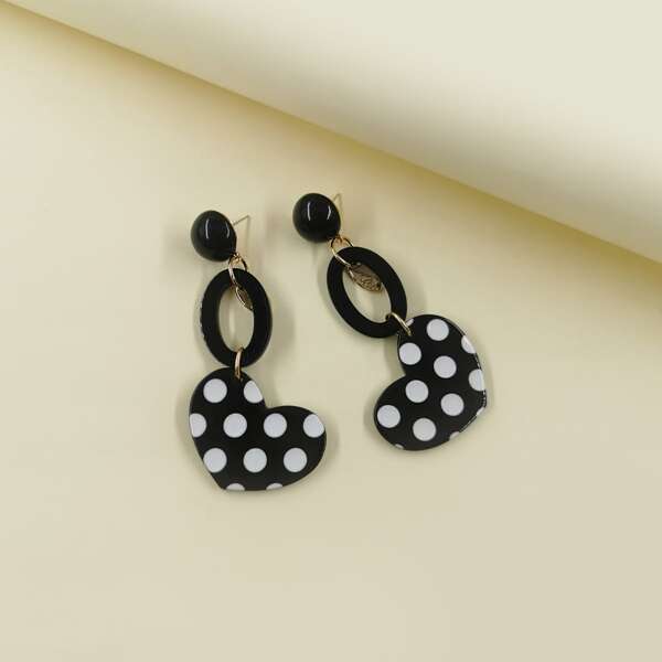 

Polka Dot Heart Drop Earrings, Black and white