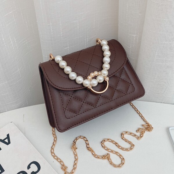 

Faux Pearl Decor Quilted Flap Chain Bag, Brown