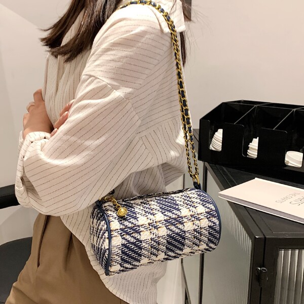 

Plaid Chain Shoulder Bag, Blue and white