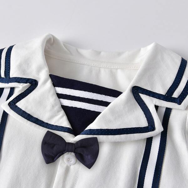 

Baby Boy Lapel Neck Striped Decor Bow Half Button Jumpsuit, Multicolor