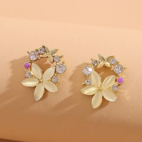 

Rhinestone Decor Flower Earrings, Gold