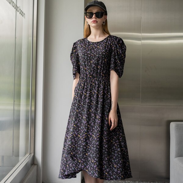

Ditsy Floral Cut Out Back Dress, Black