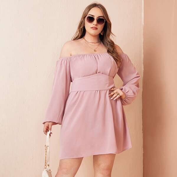 

Plus Lace Up Back Bardot A-line Dress, Dusty pink