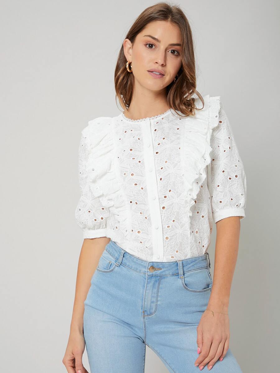 SHEIN Blusa schiffy ribete con fruncido - Blanco - Ver 1