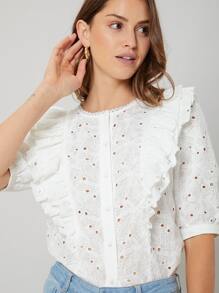 SHEIN Blusa schiffy ribete con fruncido - Blanco - Ver 3