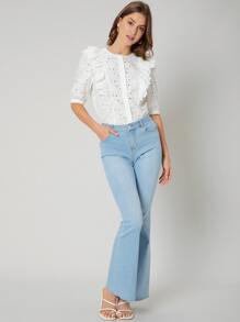SHEIN Blusa schiffy ribete con fruncido - Blanco - Ver 5