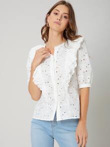 SHEIN Blusa schiffy ribete con fruncido - Blanco - Ver 8