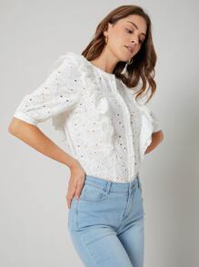 SHEIN Blusa schiffy ribete con fruncido - Blanco - Ver 10