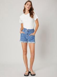 SHEIN Quần short Denim Chải Eo - Rửa trung bình - Xem 3