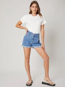 SHEIN Quần short Denim Chải Eo - Rửa trung bình - Xem 5