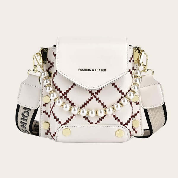 

Faux Pearls Decor Studded Square Bag, White