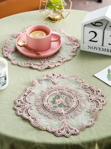 1入組花朵刺繡蕾絲餐墊 - 粉色 - 查看 1