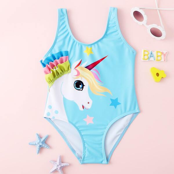 

Toddler Girls Unicorn Print One Piece Swimsuit, Blue