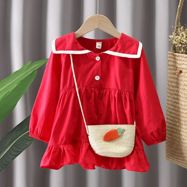 

Toddler Girls Sailor Collar Ruffle Hem Babydoll Dress With Bag, Red