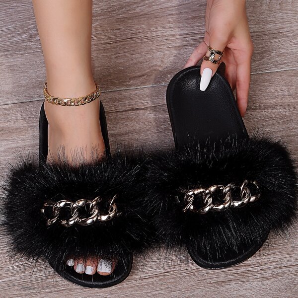 

Chain Decor Fluffy Slippers, Black