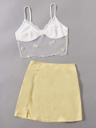 Plus Daisy Embroidery Sheer Lace Cami Top & Skirt Set
