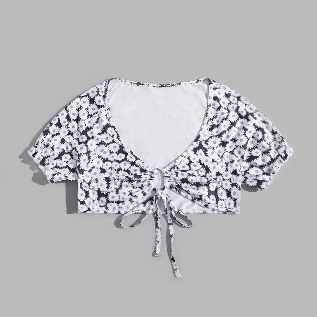 

Floral Print Drawstring Crop Top, Multicolor