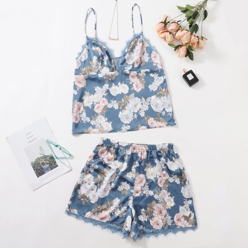 

Plus Floral Print Lace Trim PJ Set, Multicolor