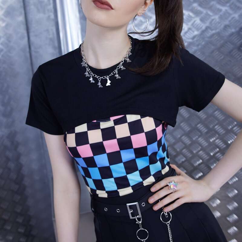 

Solid Super Crop Tee & Plaid Crop Cami, Multicolor