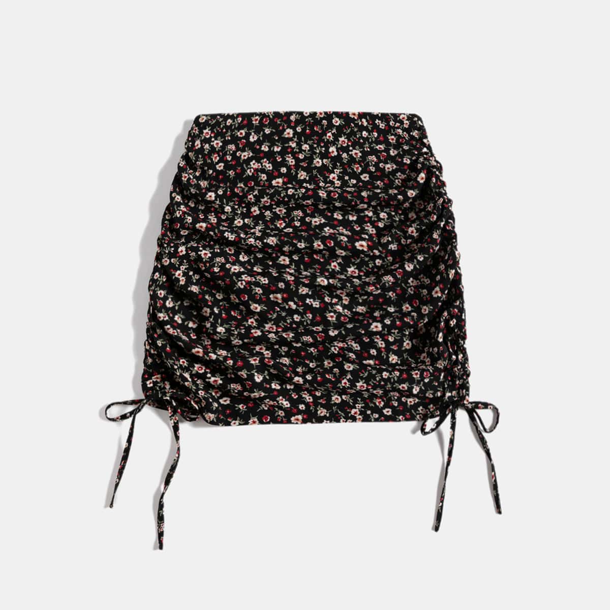 

Ditsy Floral Drawstring Skirt, Black