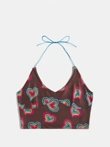 ROMWE Heart Graphic Crop Halter Top - Multicolor - View 1