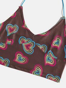 ROMWE Heart Graphic Crop Halter Top - Multicolor - View 3