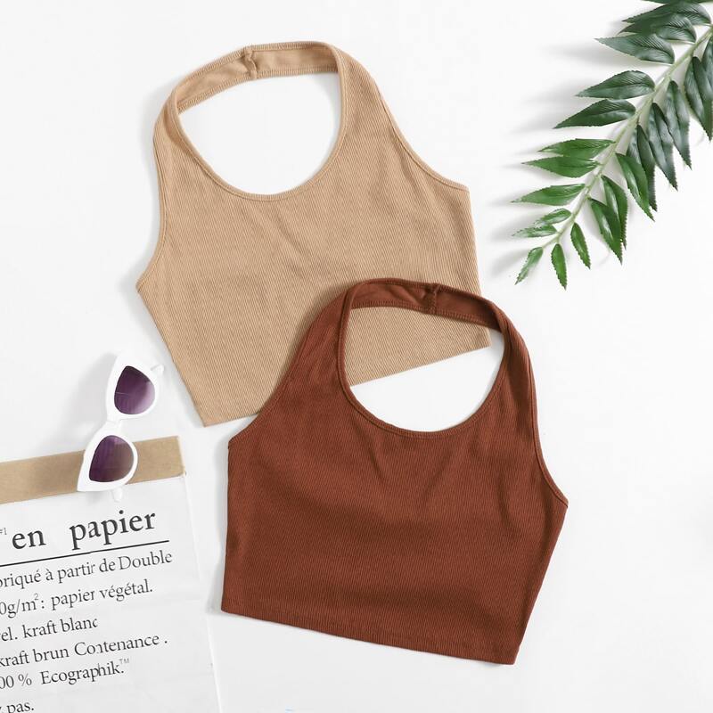 

2pcs Solid Ribbed Crop Halter Top, Multicolor