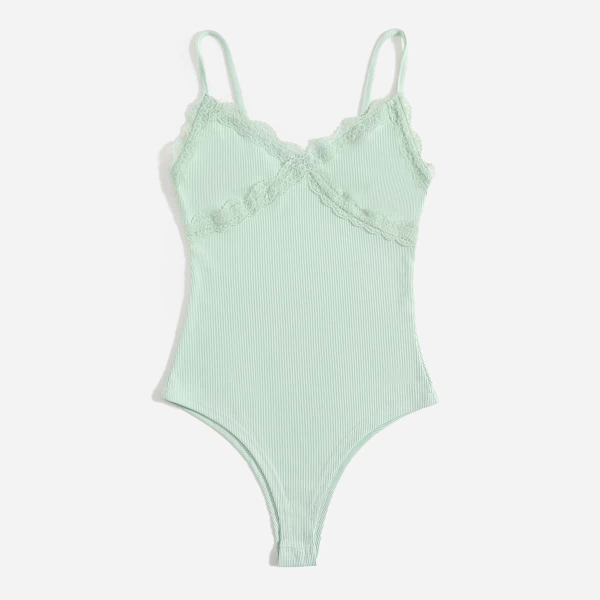

Solid Lace Trim Cami Bodysuit, Mint green