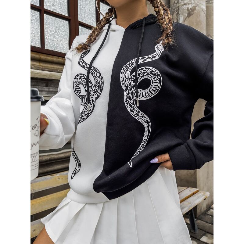 

Colorblock & Snake Print Drawstring Hoodie, Black and white