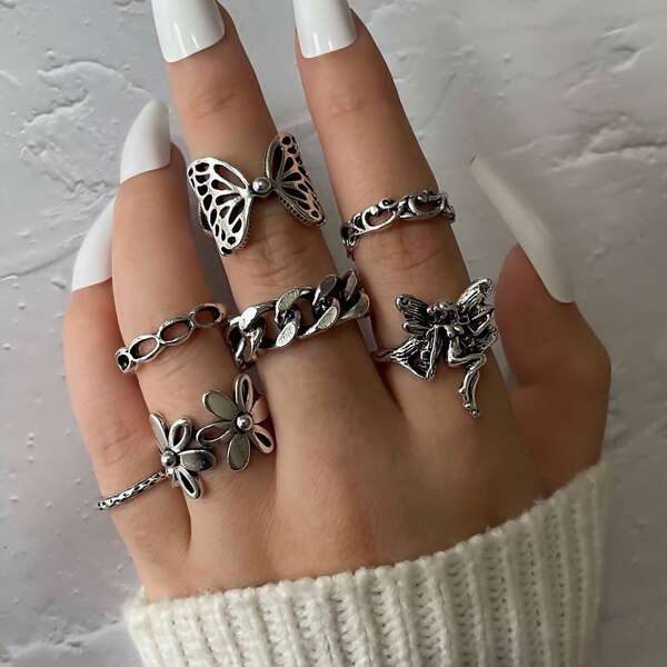 

7шт Кольцо с цветочным декором, Античное серебро