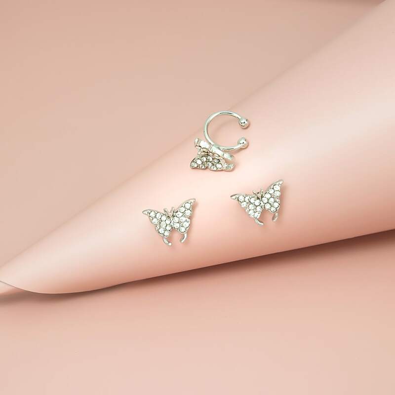 

3pcs Butterfly Decor Earrings, Silver