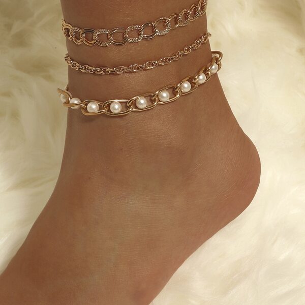 

3pcs Faux Pearl Decor Anklet, Gold