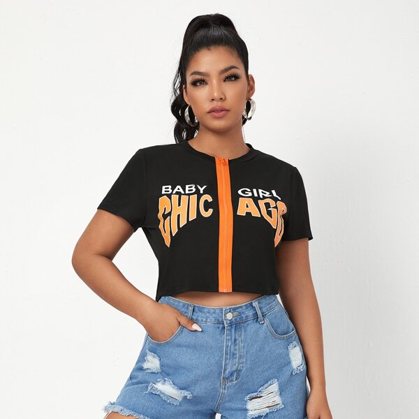 

Plus Letter Graphic Zip Up Crop Top, Black