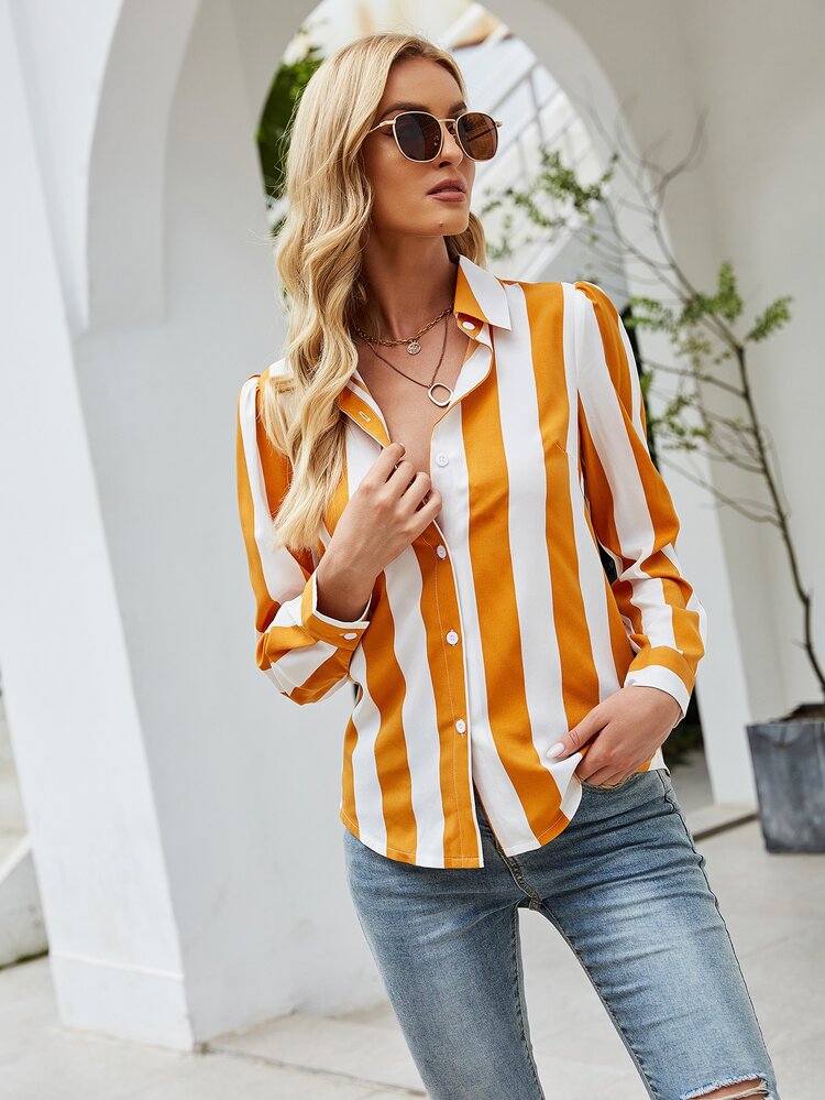 Camisa de rayas con botón delantero - Multicolor - Añade 5