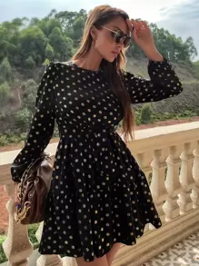 燙金波點印花荷葉邊繫腰帶洋裝