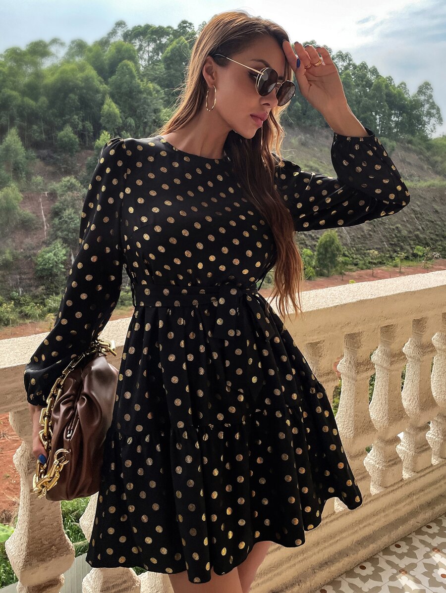 燙金波點印花荷葉邊繫腰帶洋裝