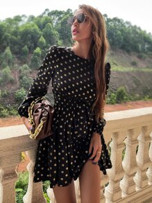 燙金波點印花荷葉邊繫腰帶洋裝