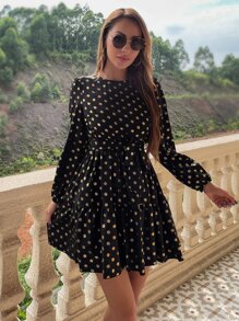 燙金波點印花荷葉邊繫腰帶洋裝