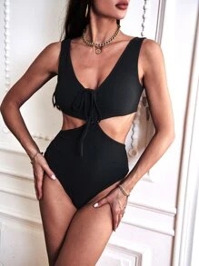 SHEIN Allurite 前打結鏤空連身背心 - 黑色 - 查看 1