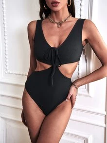 SHEIN Allurite 前打結鏤空連身背心 - 黑色 - 查看 3