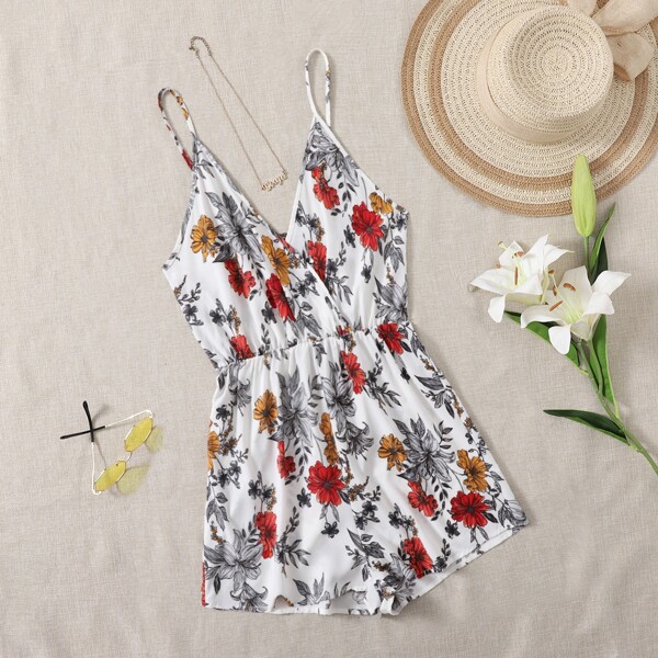 

Plus Floral Surplice Neck Romper, White