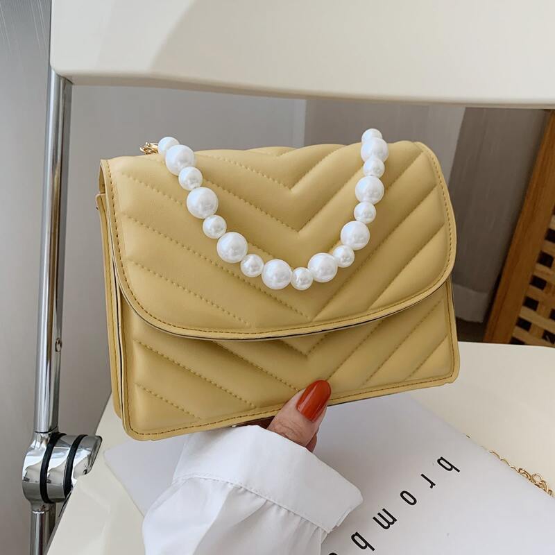 

Faux Pearl Handle Chevron Satchel Bag, Yellow