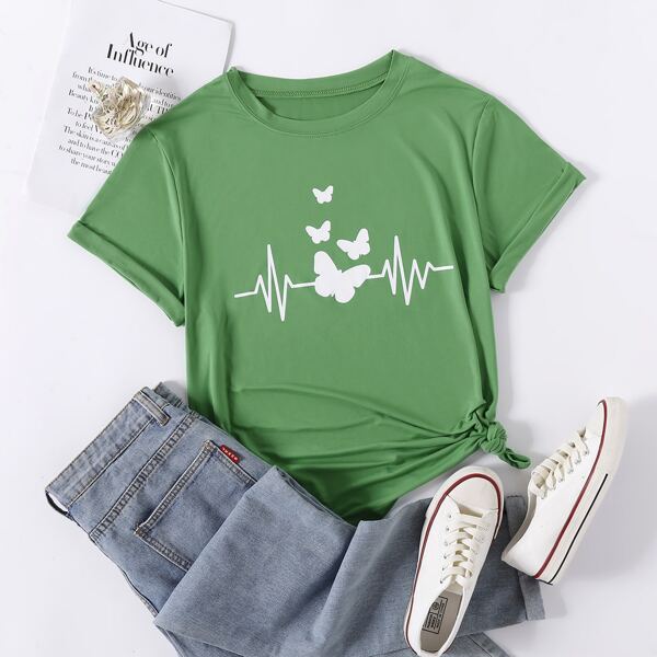 

Plus Butterfly Print Short Sleeve Tee, Green