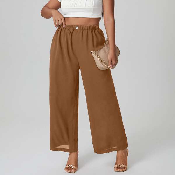 

Plus Solid Wide Leg Pants, Camel